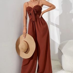 NWT SHEIN Shirred Frill Trim Knot Front Wide Leg Cami Jumpsuit